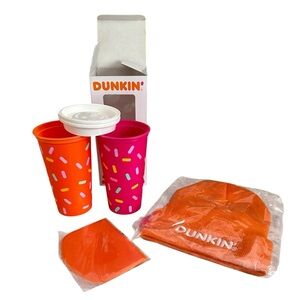 Dunkin’ Donuts Orange and Pink Cups with Beanie/Hat  & Cake Dough Cutter Size OS